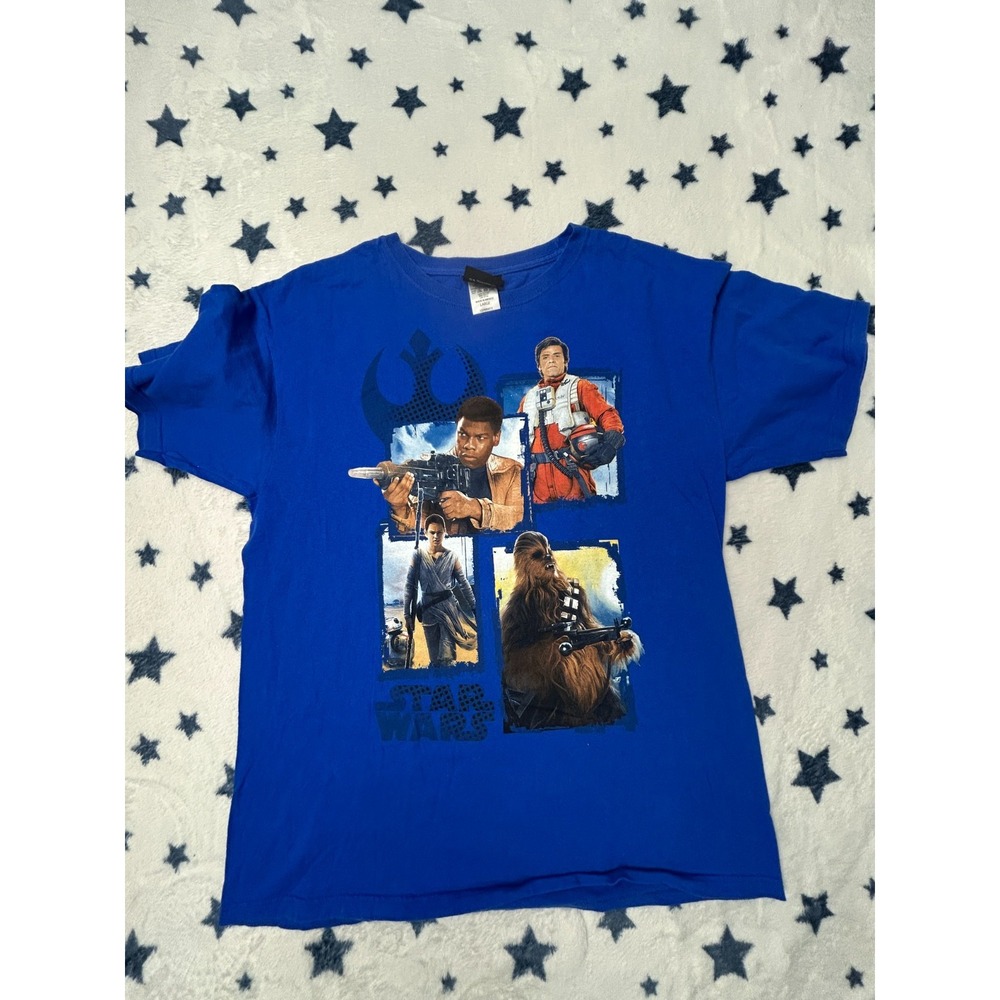 Star Wars Mens Large Blue Graphic T Shirt Finn Poe Rey Chewbacca Movie Tee